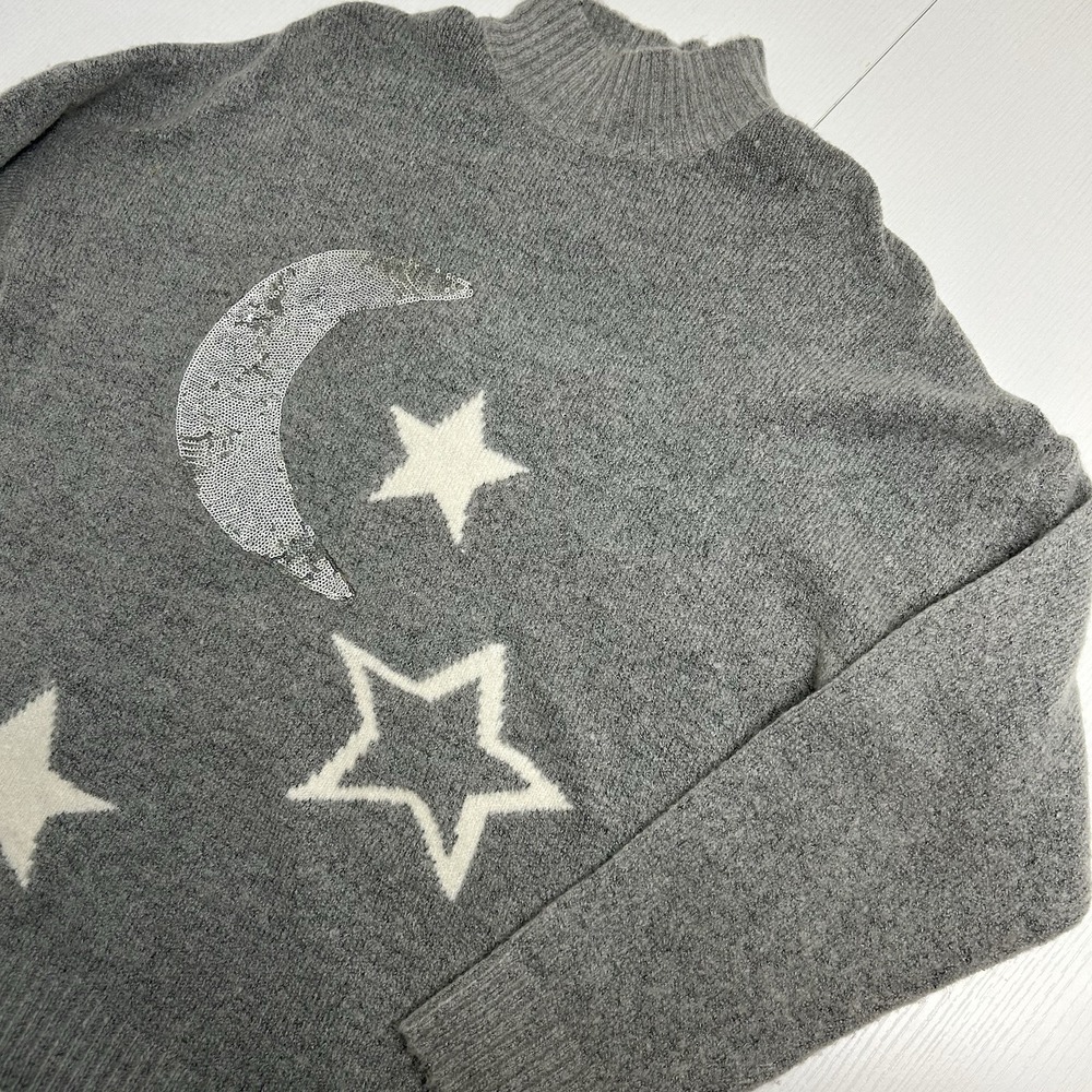 Brave Soul London Sequin Moon with Stars Sweater Gray Sz Medium Celestial Cozy